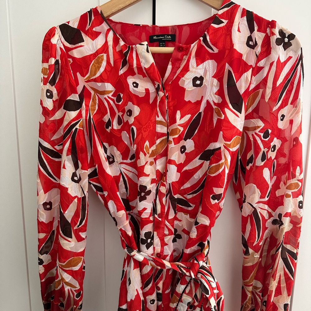 Massimo Dutti Red and Black Floral Long Sleeve Dress - Size 2/4